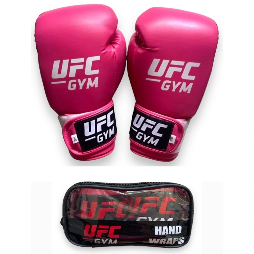UFC Gym Premium Pink Women’s Training Sparring Gloves Hand Wraps & Red Bag Set